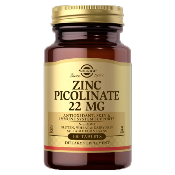 Solgar Zinc Picolinate 22 mg, Highly-Absorbable Chelated Zinc, 100 Tablets