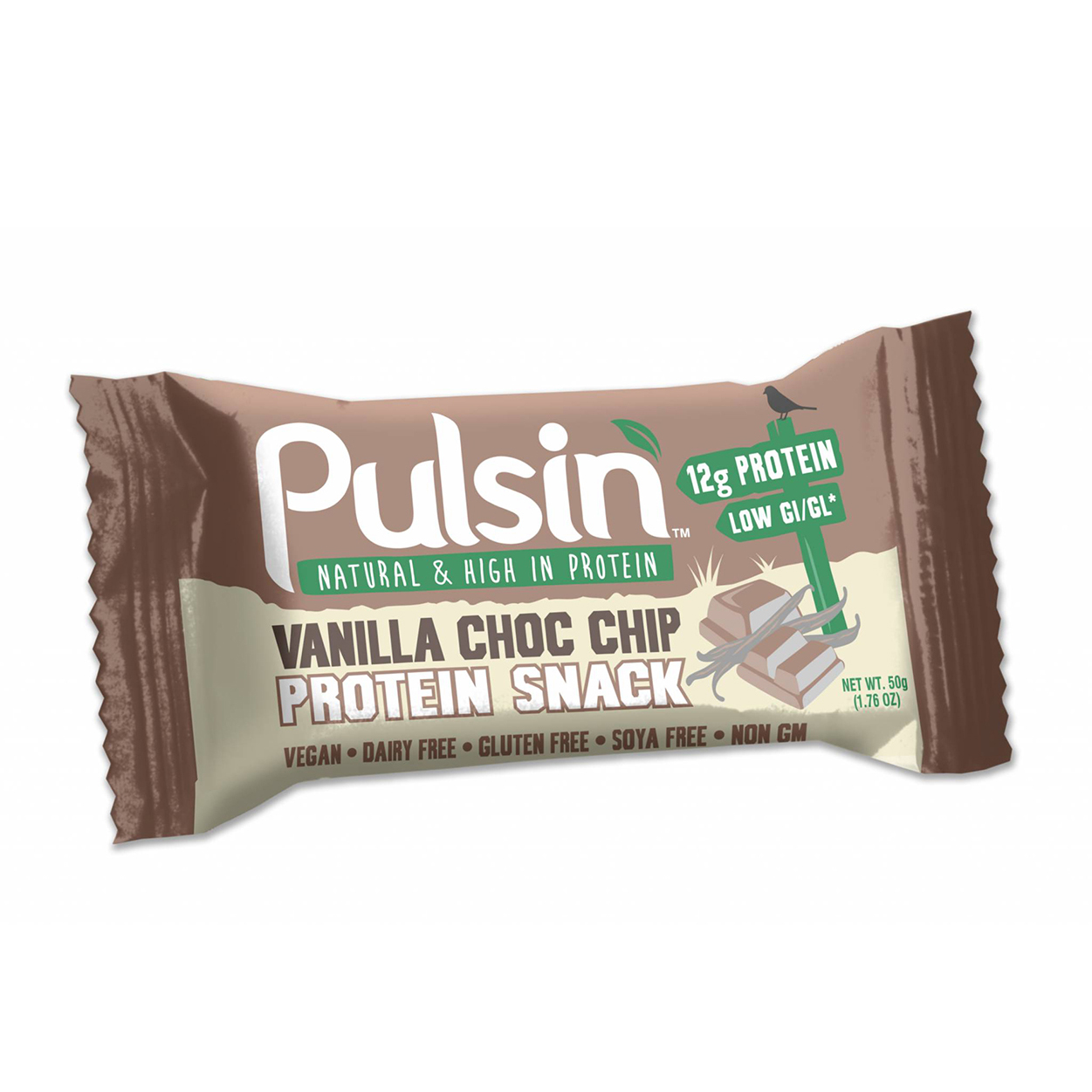 pulsin-protein-bar-vanilla Pulsin Vanilla Choc Chip Protein Bar, Plant-Based & Gluten-Free, 50g - Image 1